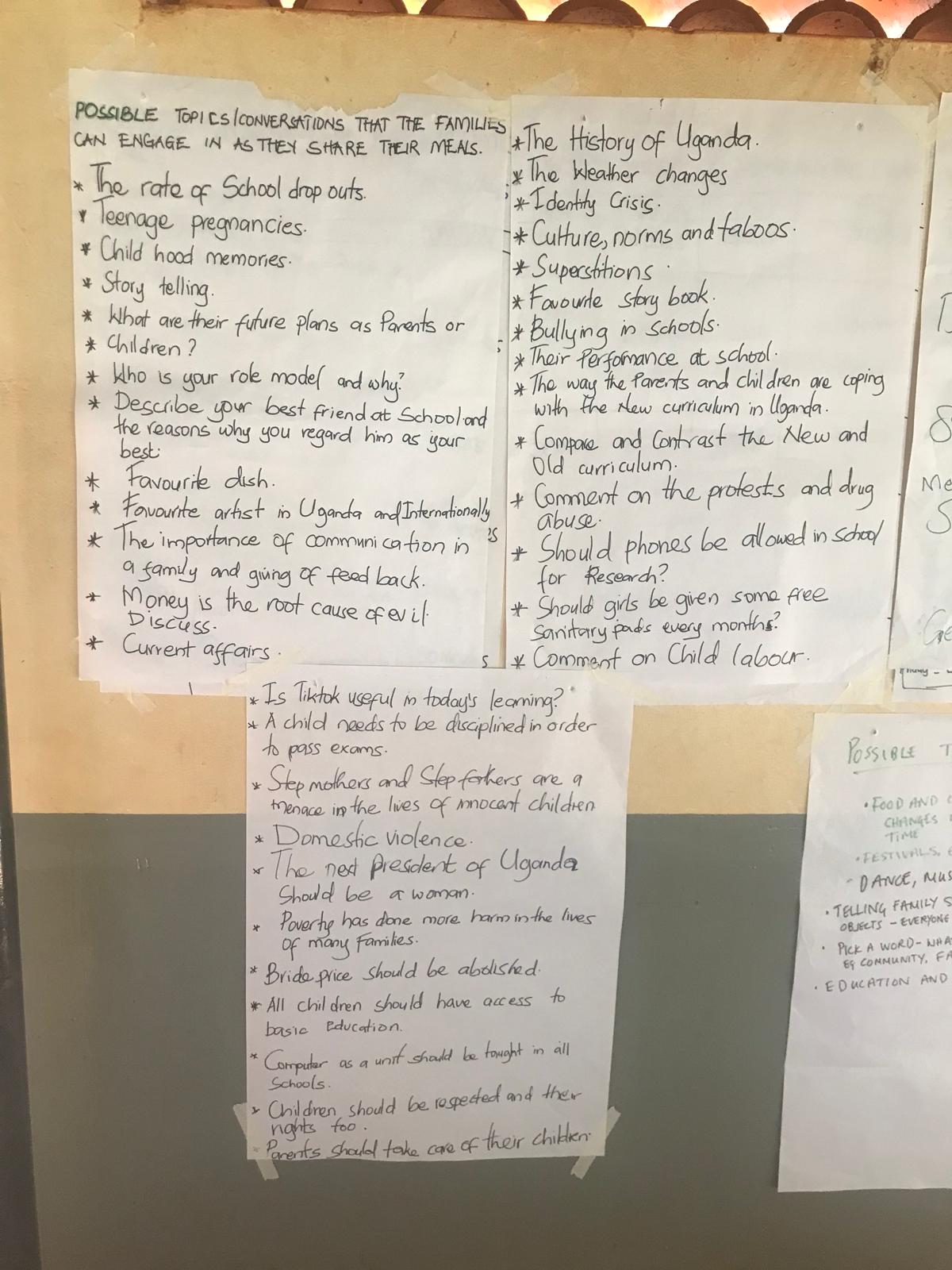 Ideas for topics of conversation to give families to use as part of the family meals research